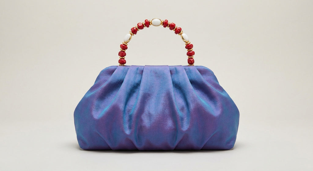 Iridescent Blue-Purple Beaded-Handle Ruched Clutch Bag - photo 2