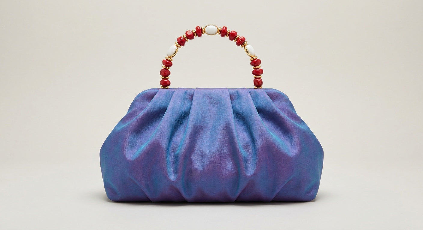 Iridescent Blue-Purple Beaded-Handle Ruched Clutch Bag - photo 2