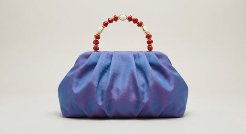 Iridescent Blue-Purple Beaded-Handle Ruched Clutch Bag - photo 2