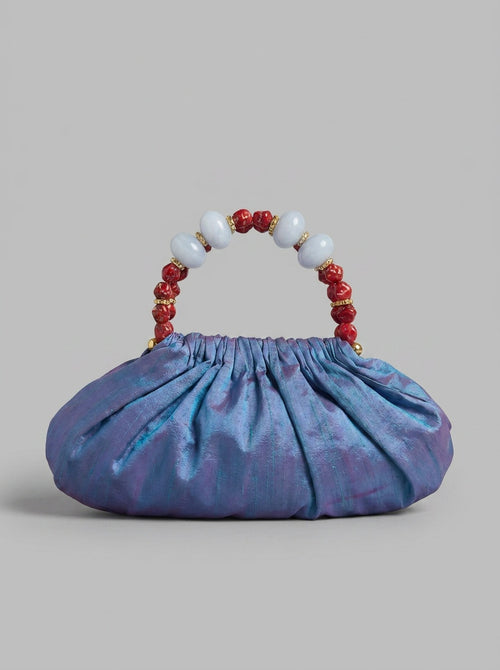 Iridescent Blue-Purple Beaded-Handle Ruched Clutch Bag - photo 1