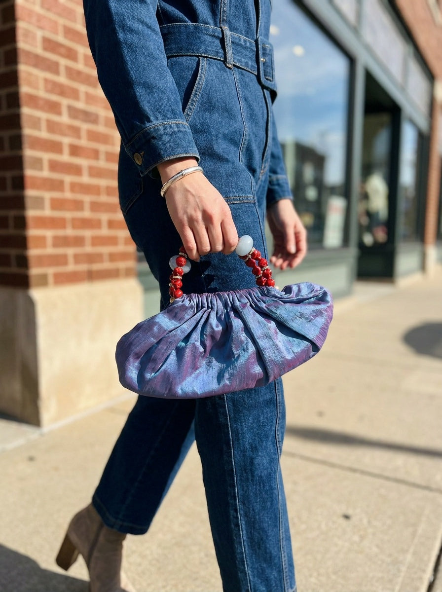 Iridescent Blue-Purple Beaded-Handle Ruched Clutch Bag - photo 3