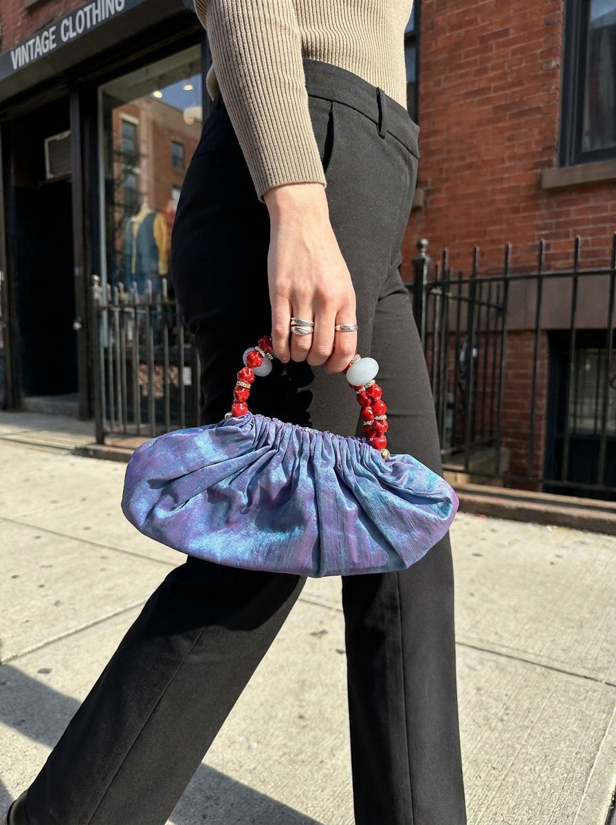 Iridescent Blue-Purple Beaded-Handle Ruched Clutch Bag - photo 4