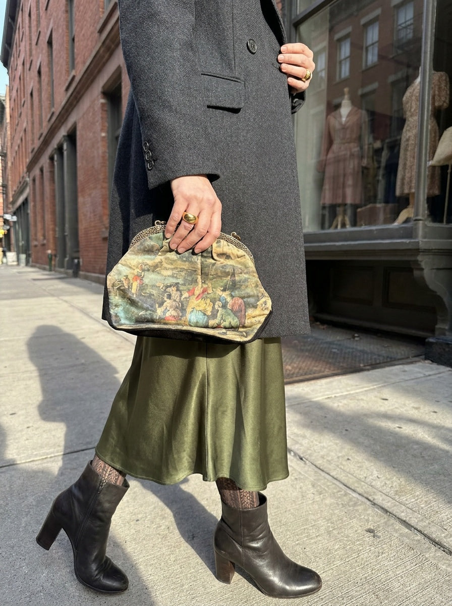 Ornate Gold-Tone Evening Clutch with Scenic Figural Print - photo 3