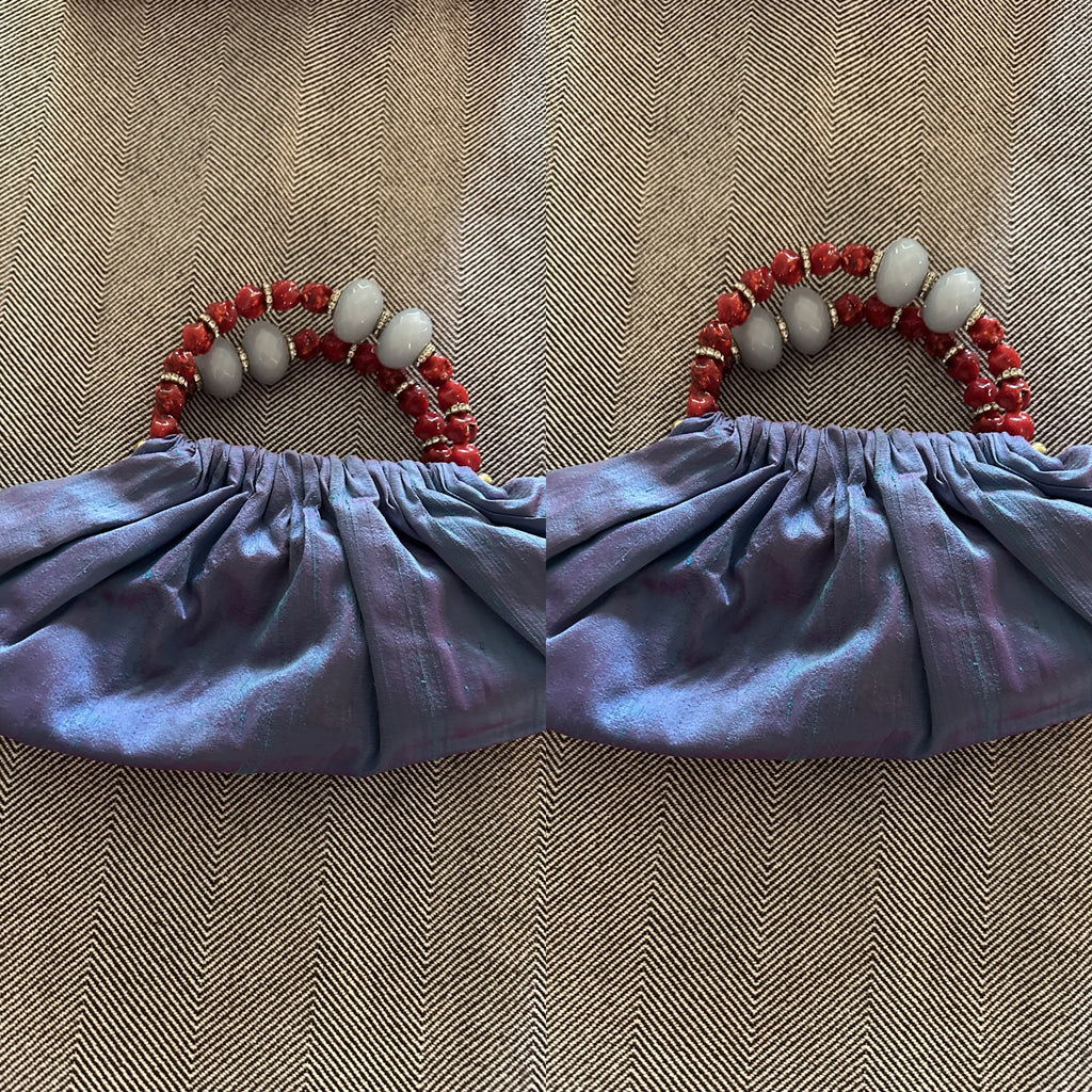 Iridescent Blue-Purple Beaded-Handle Ruched Clutch Bag - photo 5
